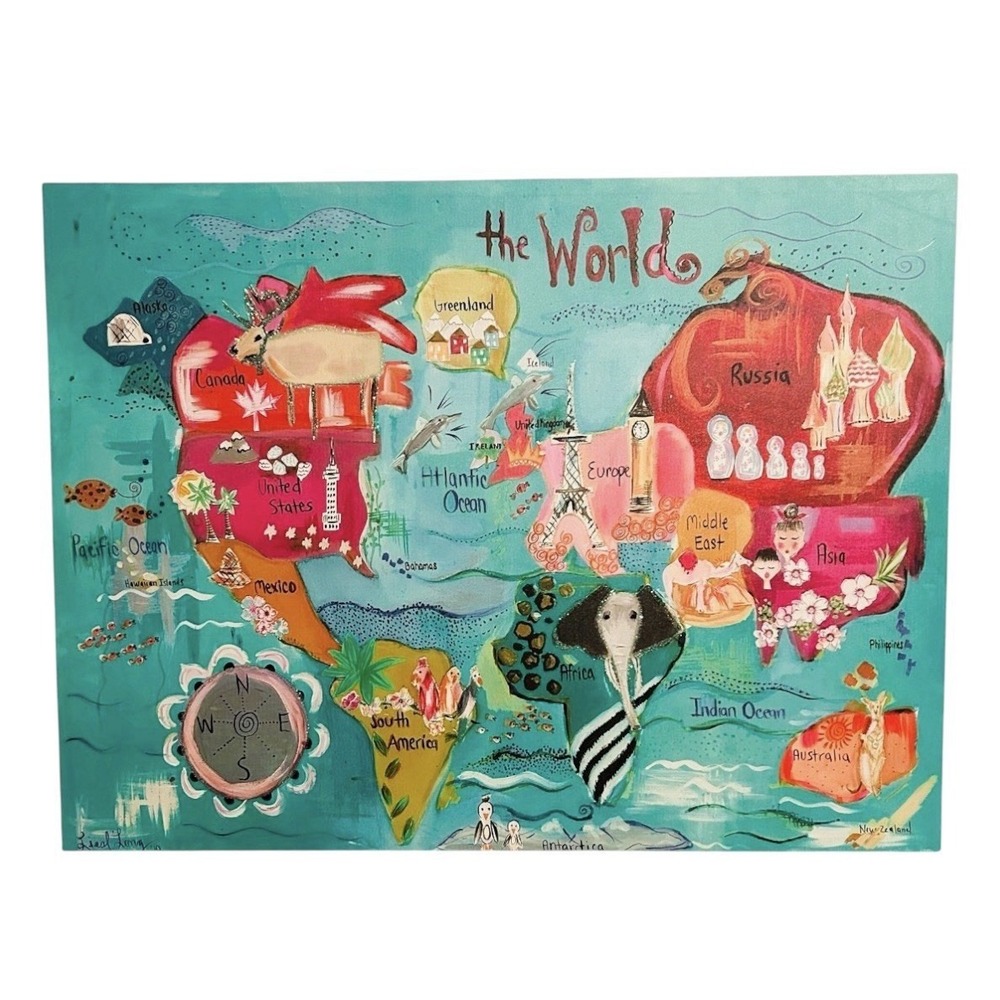 Original Signed Liesl Long World Map Painting 30x40 Hand Painted Canvas Folk Art